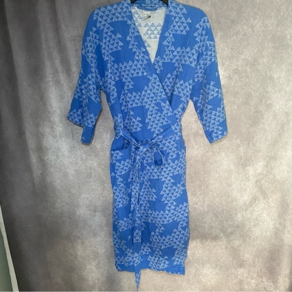 IKEA Kimono TÄNKVÄRD Geometric Blue White Linen Belted Oversized Robe US Size XS